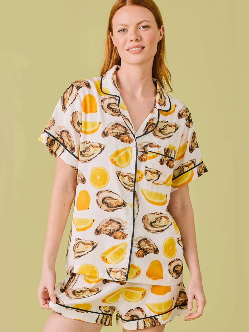 Katie Kime World Is Your Oyster Cotton Shorts Pajama Set Lemon Oyster Print M/S